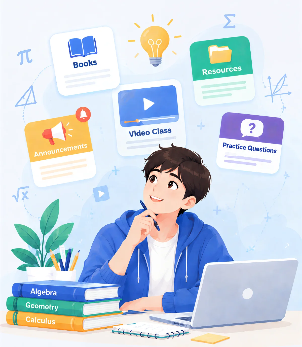 A student exploring video classes, books, and math resources